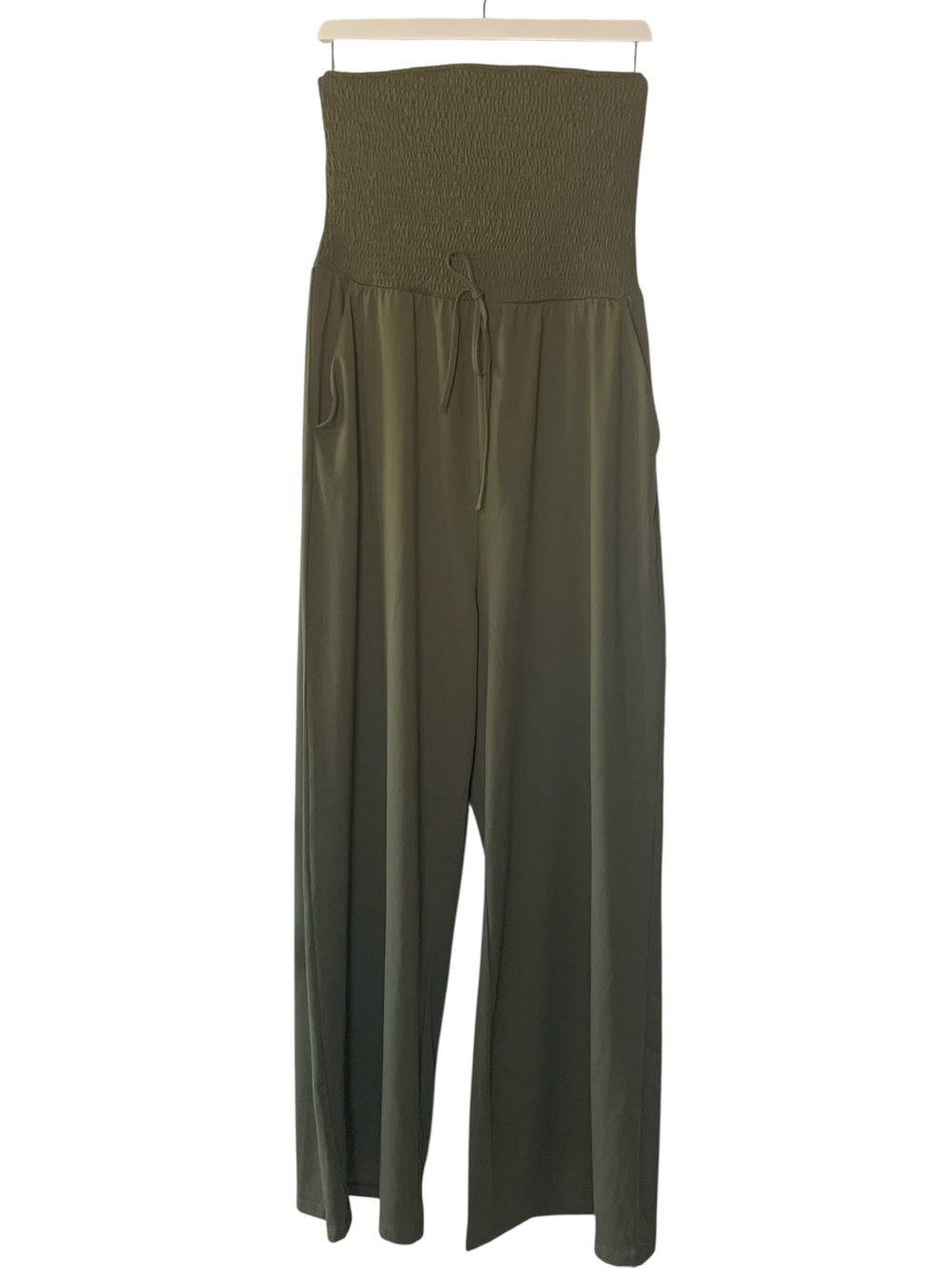 🆕 Halara Jumpsuit Shirred Knot Top Wide Leg Pant w Pockets! Event Guest Olive L - Picture 3 of 14
